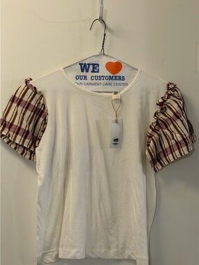 Folklore Las Niñas Girls' Cream Top with Burgundy Plaid Puff Sleeves